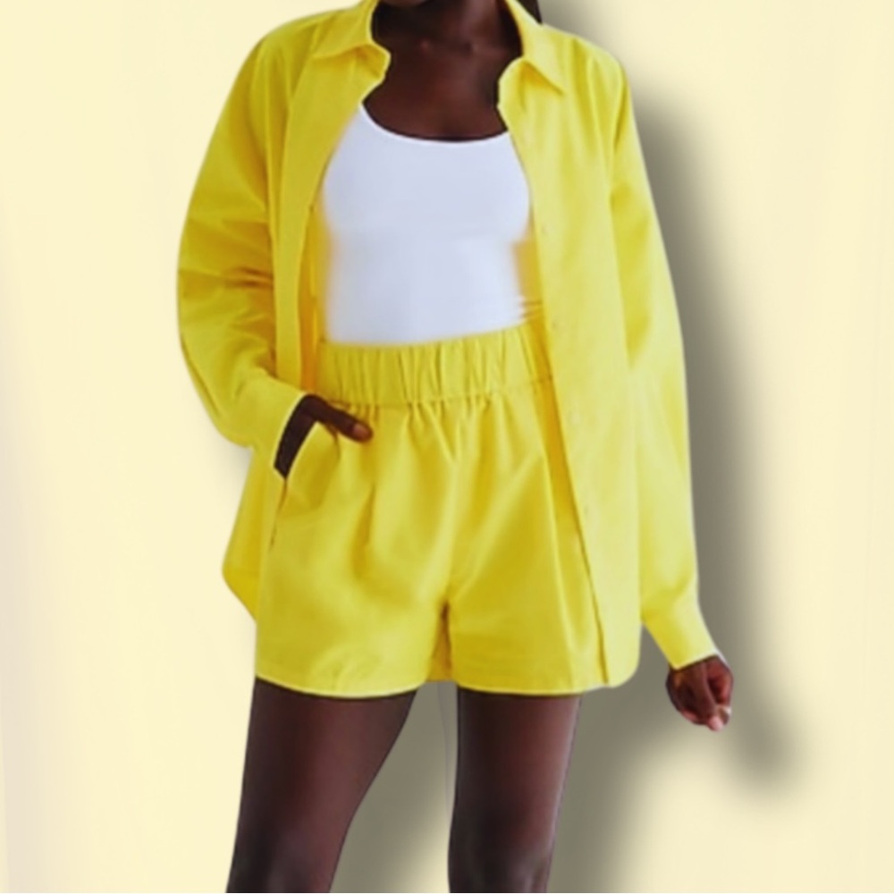 💛 EXPRESS Yellow Boyfriend Shirt & High-Waist Shorts Matching Set | Size Small